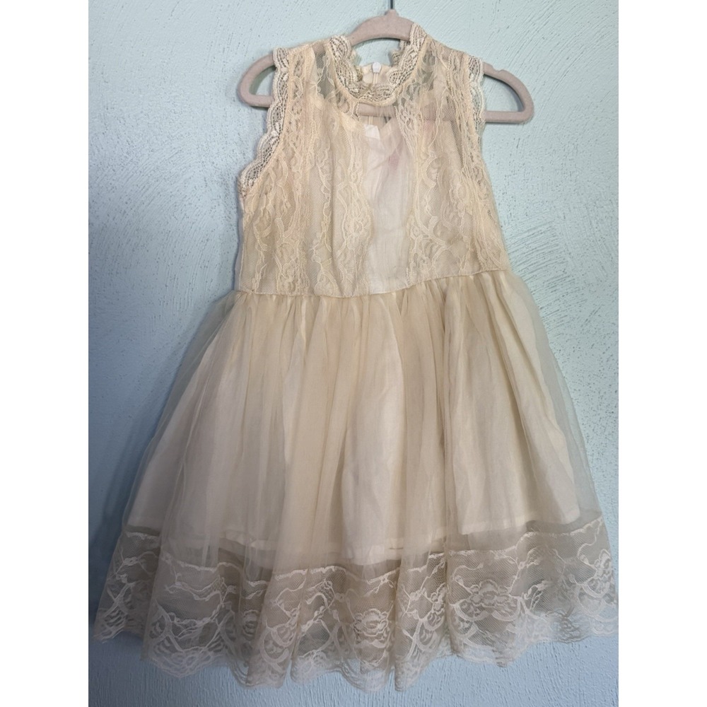 Vintage Korean Girls Formal Dress Lace Tulle Cream Special Occasion Size 120